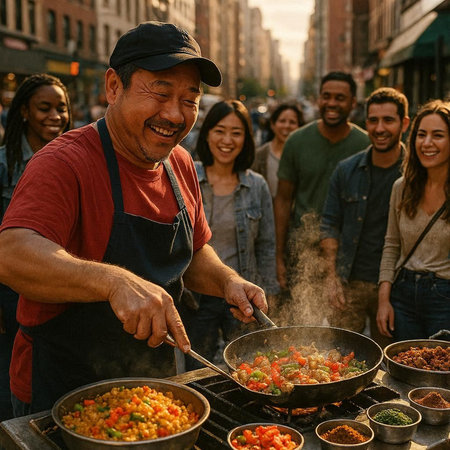 Group of diverse friends having a barbecue outdoors in New York City.