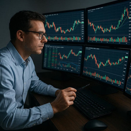 Side view of serious mature businessman in eyeglasses sitting at desk and looking at computer...