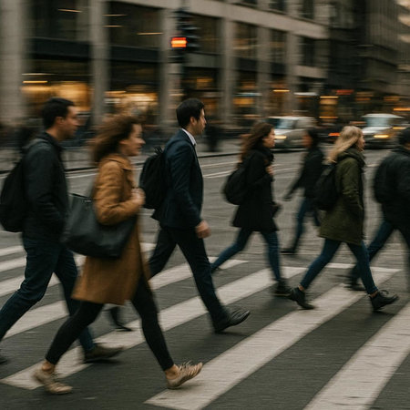 Busy city street people walking in rush hour, motion blur.