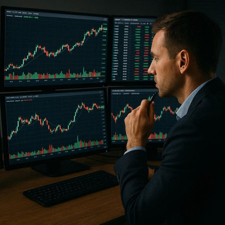 Side view of businessman looking at computer monitor with stock market chart.