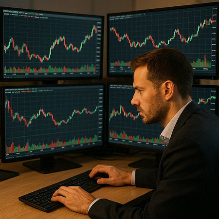 Businessman sitting in front of monitors and analyzing stock market data.