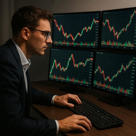 Serious young businessman sitting at the table in front of computer monitors.