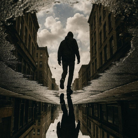 Man walking on the street through the snow. Reflection in the water.