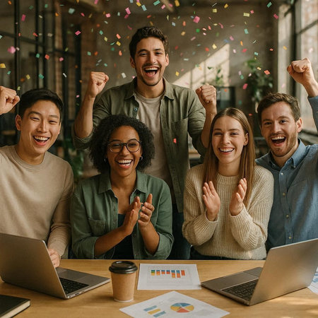 Group of happy multiethnic business people celebrating success while sitting at office desk with laptop and coffee cupの写真素材