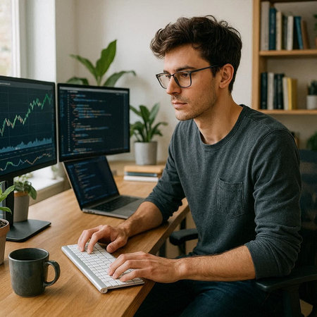 Image of concentrated young man in eyeglasses using computer while working at home