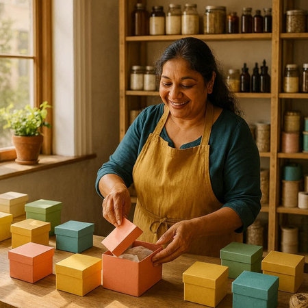 Mature woman in apron sitting at table and working with colorful wooden blocks