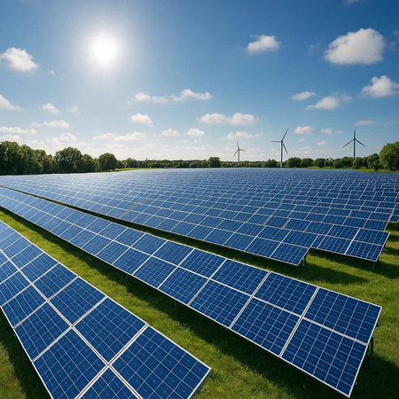 solar energy panels and wind turbines on green field in sunny day