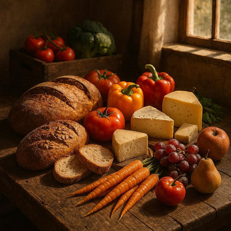Composition with fresh vegetables, cheese and bread on rustic wooden background