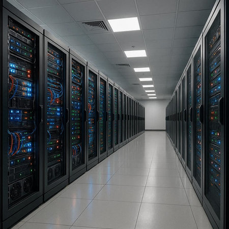 network server room with rows of server racks. 3d rendering.