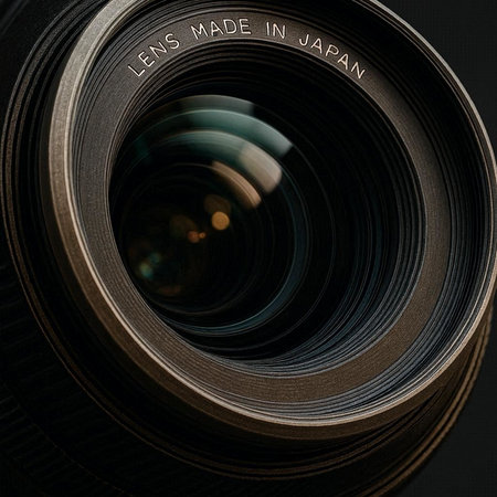Close-up of a camera lens on a black background with the inscription