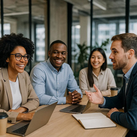 smiling multiethnic businesspeople sitting at table and talking in office