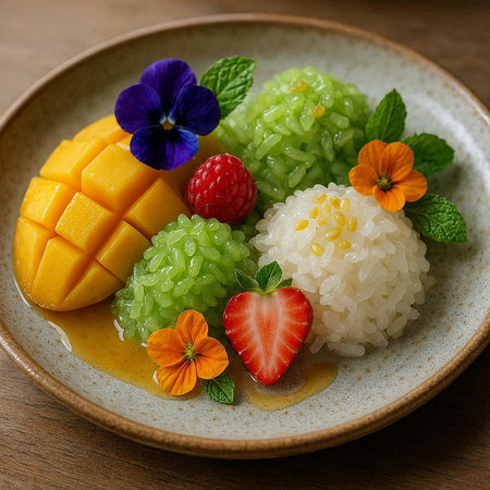 Mango sticky rice with coconut milk and fresh mango on wooden background