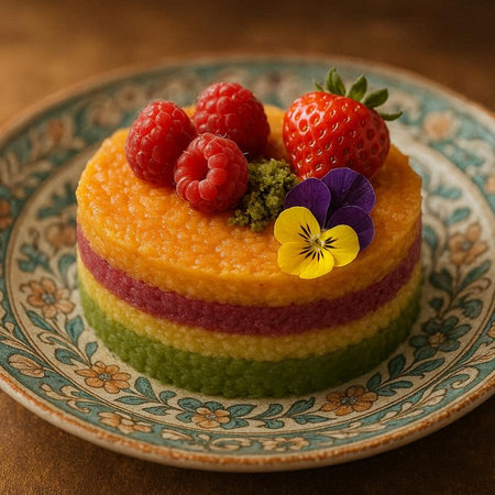Colorful cake decorated with raspberries and strawberries, selective focus