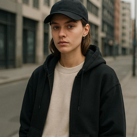 Portrait of a young man in a black cap on the street