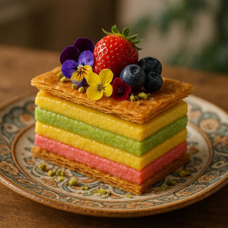 A stack of rainbow crepe cake with fresh berries on a plateの写真素材