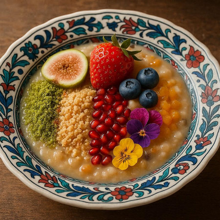 Oatmeal porridge with berries and pomegranate, selective focus