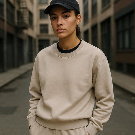 Stylish young woman in beige sweater and cap posing on the street