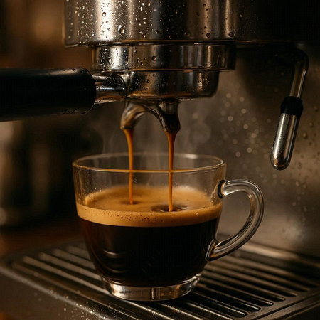 espresso machine pouring coffee into a glass cup, close-upの写真素材