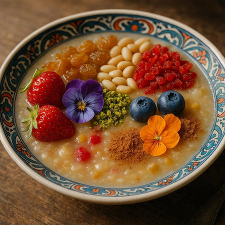 Oatmeal porridge with berries, nuts and edible flowers in a ceramic bowl
