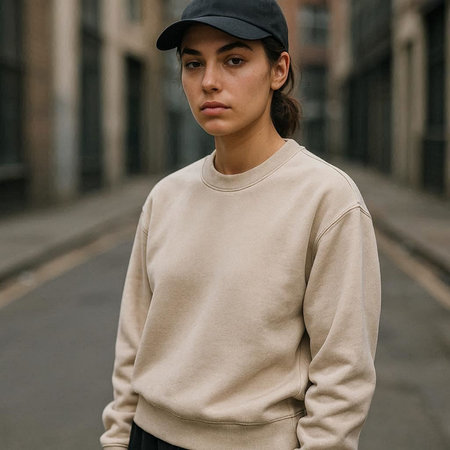 A young woman in a cap and a beige sweatshirt walks through the city.の写真素材