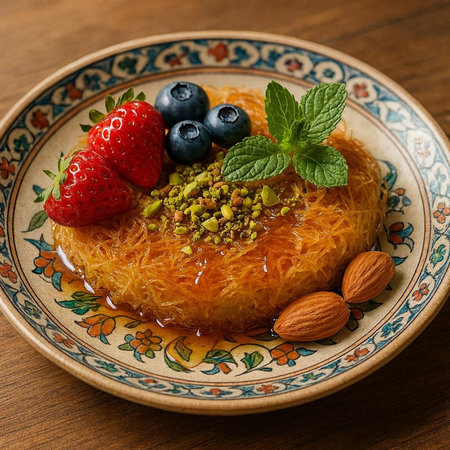 Turkish dessert kunefe, kadayif with pistachios, mint and strawberries