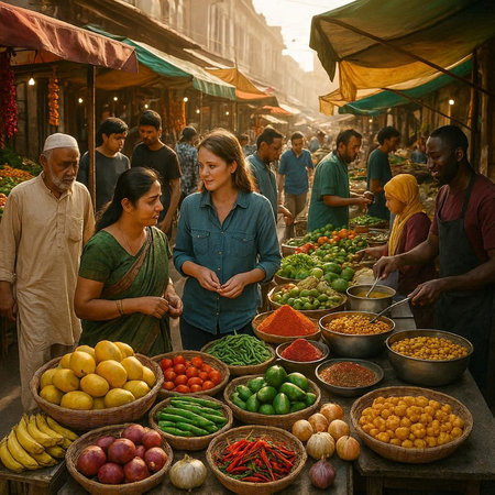Unidentified indian people sell vegetables and fruits at a market in Kolkata.