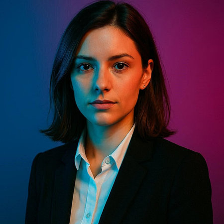 Portrait of a young businesswoman in a suit on a purple background.