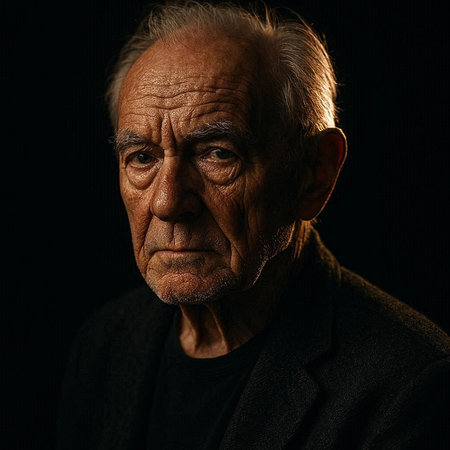 Portrait of an old man on a dark background. Portrait of an elderly man.の写真素材