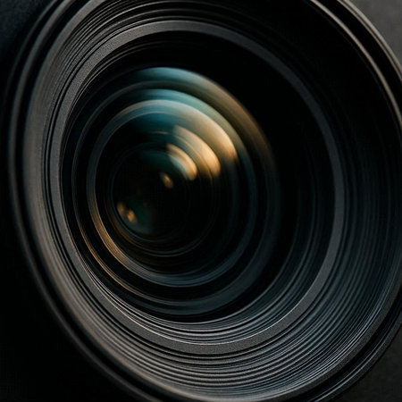 close up of a camera lens on a black background with shallow depth of field
