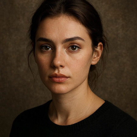 Portrait of a beautiful young brunette woman on a dark backgroundの写真素材
