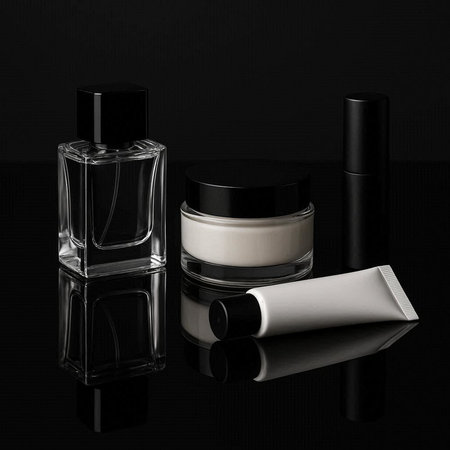 Cosmetic products on a black background with reflection. Black and white.の写真素材