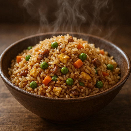 Pilaf with green peas and carrots in bowl on wooden table