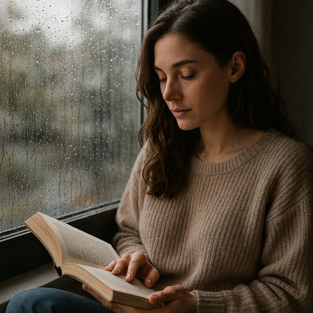 Young woman sitting on the windowsill and reading a book in the rain