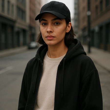 Portrait of a beautiful girl in a black cap and a black sweatshirt.の写真素材