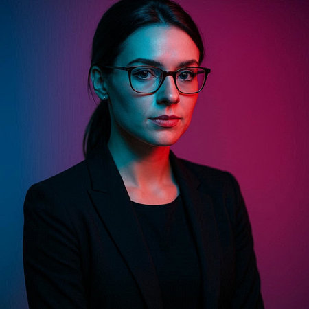Portrait of a serious young businesswoman in glasses against purple background