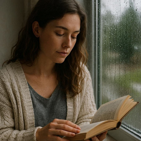 Young woman reading a book on the windowsill in rainy weather.