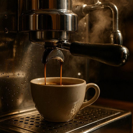 Coffee machine pouring coffee into a cup, close-upの写真素材