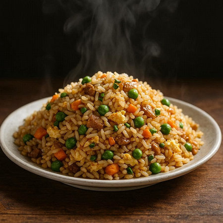 Fried rice with vegetables and meat on a plate on wooden backgroundの写真素材