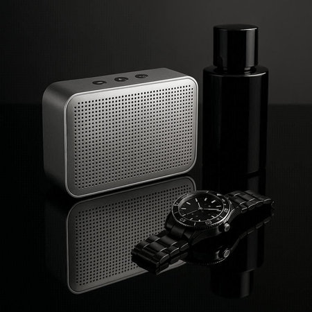 Smart speaker, wristwatch and perfume bottle on a black background.