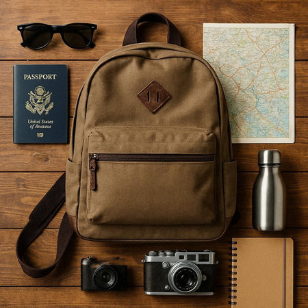Traveler's accessories: backpack, camera, map and passport on wooden background