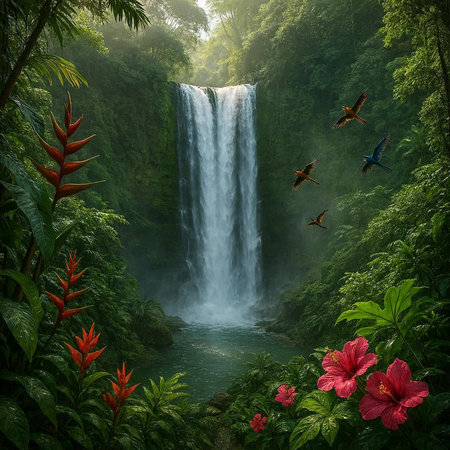 Tropical waterfall with red hibiscus flowers and birds