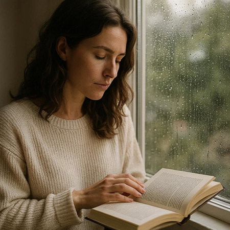 Young woman reading a book by the window with rain drops on the glass