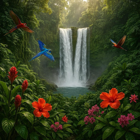 Tropical landscape with a waterfall, blue parrots and red flowersの写真素材