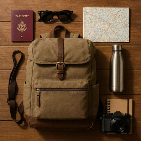 Backpack, camera, map and glasses on wooden background. Travel concept