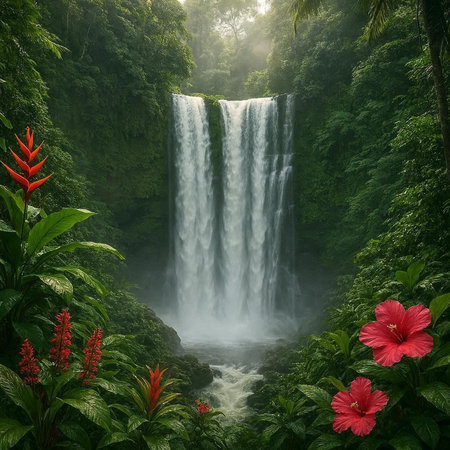 Tropical waterfall with red flower in jungle, Bali, Indonesia