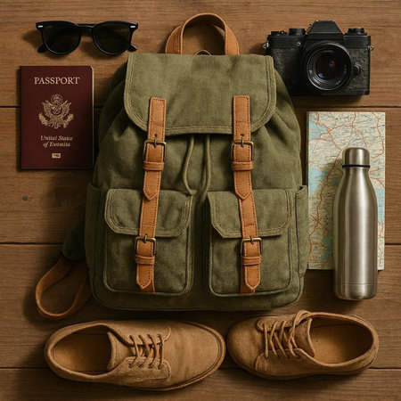 Set of travel accessories on wooden background. Backpack, sunglasses, camera, map, shoes.