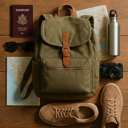 Green backpack, shoes, passport, map and camera on wooden backgroundの写真素材