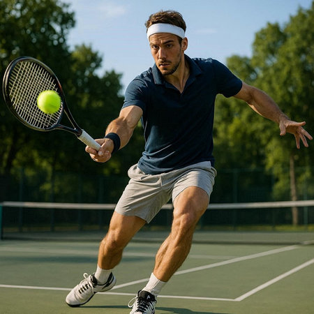 Tennis player in action with racket and ball on tennis court.の写真素材