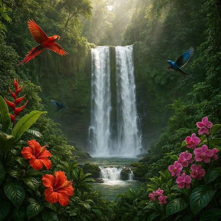 Tropical waterfall with red parrots, butterflies and flowers.の写真素材