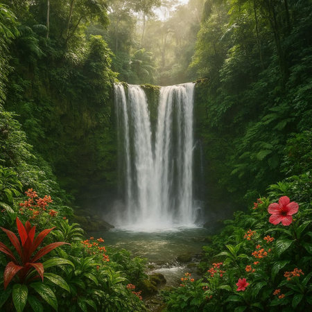 Beautiful tropical waterfall in the rainforest, Bali, Indonesia